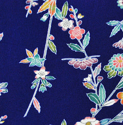 Navy Floral Vintage Kimono Silk Crepe from Japan 14" x 41". #4405