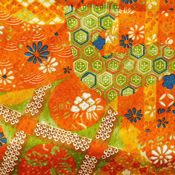 Sale, Orange Faux Patchwork Vintage Kimono Silk from Japan 14" x 64". #4504