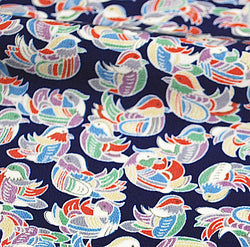 SALE Mandarin Ducks Chirimen Crepe Vintage Kimono Silk  14" x 31"    #4306