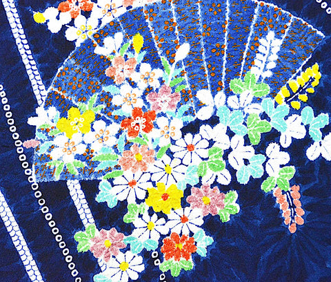 Blue Flowers, Fans + Shibori Vintage Chirimen Crepe Kimono Silk 7" x 58"  #4515