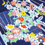 Blue Flowers, Fans + Shibori Vintage Chirimen Crepe Kimono Silk 7" x 58"  #4515