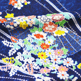 Blue Flowers, Fans + Shibori Vintage Chirimen Crepe Kimono Silk 7" x 34"  #4515
