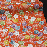 Textured Red-Orange with Plum Blossoms Vintage Kimono Silk, 14" x 66"  #4364
