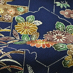 Indigo Bingata Chirimen Crepe Kimono Silk  7" x 75"   #4274
