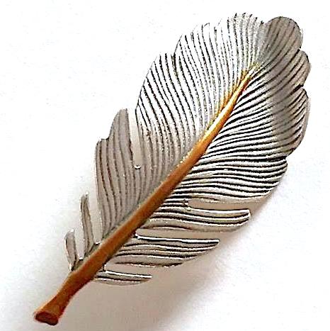 Re-Stocked, Feather Button, Large, Silver and Gold Metal with Shank 1.75" x .75"  #1342