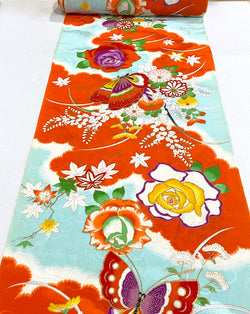 SALE Butterflies Orange/Aqua/Gold Vintage Kimono Fabric from Japan By the Yard # 464