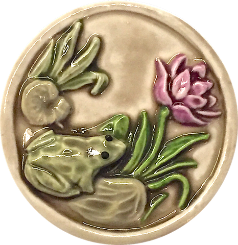 Frog, Purple Flower, Lilypad Art Stone Button, Taupe, 1-3/8" by Susan Clarke