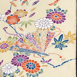 SALE Bingata on Ivory Fine Crepe Vintage Kimono Silk from Japan, By the Yard # 474