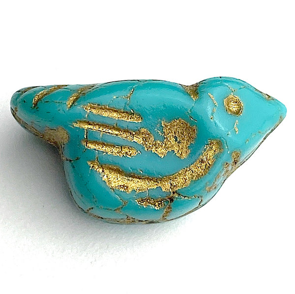 Re-Stocked, Turquoise + Gold Bird, Czech Glass 7/8" Embellishment/Bead,  #L-789