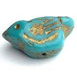 Turquoise + Gold Bird, Czech Glass 7/8" Embellishment/Bead,  #789