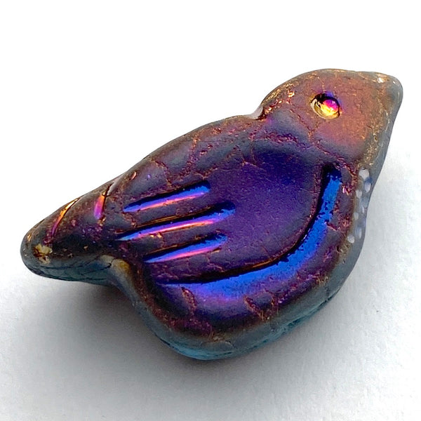 Re-Stocked, Rainbow Blue Bird, Iridescent Czech Glass 7/8" Embellishment/Bead,  #L267