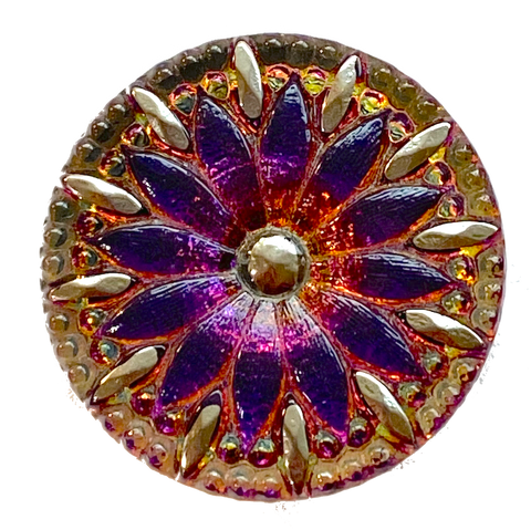 Large Magenta / Orange Dichroic Flower Czech Glass Button 1-3/16"  #CZ-002