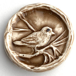 Bird in Tree, Brown Art Stone Button by Susan Clarke 1-3/16" #SC-1057