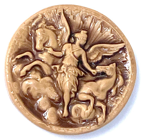 Aurora with Two Winged Horses Caramel Art Stone Button by Susan Clarke 1-5/8" #SC-2016