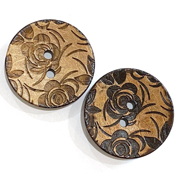 Running Low, Brown Carved Rose on Coconut 2-hole Button 1-5/8"  #SK-0473