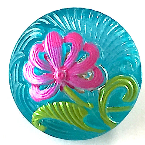 Bright Blue + Pink Pincushion Flower Czech Glass 18mm / 3/4"  # CZ 061