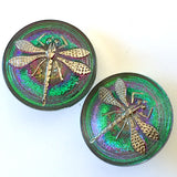 Dragonfly Czech Glass Button, Green w. Purple & Silver 22mm / 7/8" # CZ 103