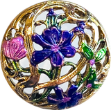 Purple Flowers, Gold Openwork Button 15/16" Susan Clarke Artisan Metal