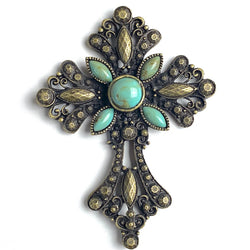 Antique Brass Cross with Five "Turquoise" Stones, 3"  #SV726