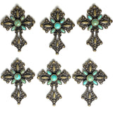 Large 3" Metal Cross with Five "Turquoise" Stones, Brass, Plain Back #SV-726