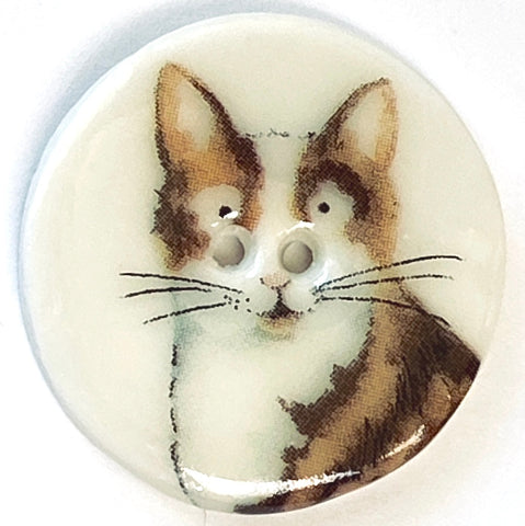 Brown Tabby, White Chest Porcelain Cat Button 1-1/8" Kitty
