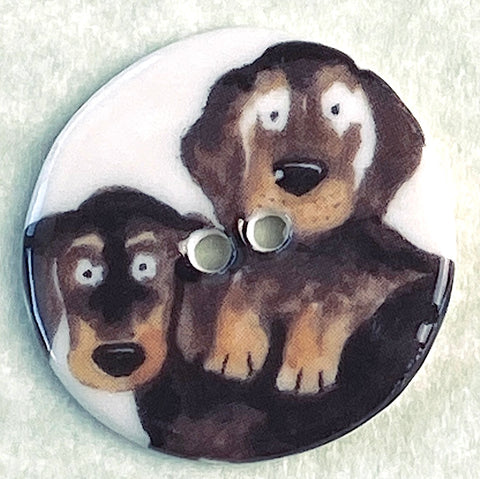 Two Dachsunds Porcelain Handmade Button 1-1/8"