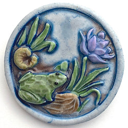 Frog, Purple Flower, Lilypad Art Stone Button, Blue 1-3/8" #1066 By Susan Clarke