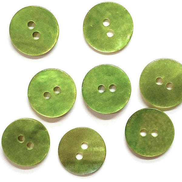 Re-Stocked, 1/2" Apple Green Pearl Shell 2-hole 13mm, Per Button  #185-D