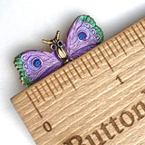 Moth Big Eyes Purple/Green Button, 1.25" Handpainted by Susan Clarke, #SC-572