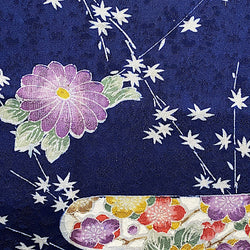 Chrysanthemums & Plum Blossoms on Deep Indigo Kimono Silk.  7" x 14", #4186