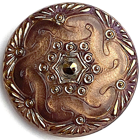 Brown Handpainted Czech Lacy Glass Button, 1-1/16", Susan Clarke #SC1519-O