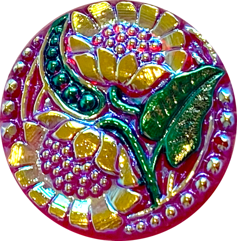 Two Sunflowers with Clear Red Czech Glass Button 1" #CB703