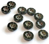 Obsidian Black Rustic Czech Glass Sunray Flower, 2 hole button 14mm/ 9/16"  #L-63978
