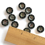 Obsidian Black Rustic Czech Glass Sunray Flower, 2 hole button 14mm/ 9/16"  #L-63978