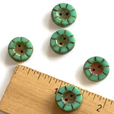 Jade Green Rustic Czech Glass Sunray Flower, 2 hole button 14mm/ 9/16"  #L-64177