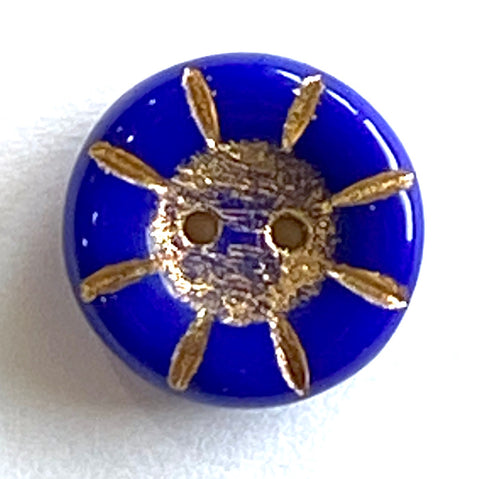 Cobalt Blue Czech Glass Sunray Flower, 2 hole button 14mm/ 9/16"  #L-64495