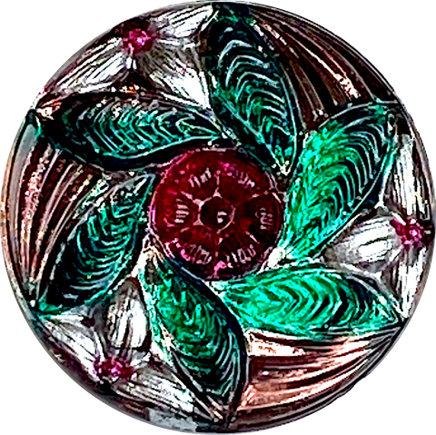 Green Leaves Red Flower Czech Glass  Button, 1"  #CB719