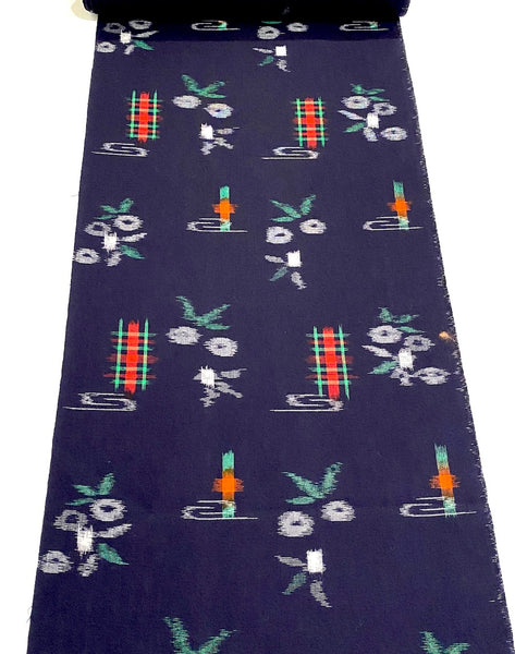 Remnant, Navy Indigo Ikat WOOL, Ribbon Flower Kimono Fabric from Japan, 1-1/4 Yard Piece#246