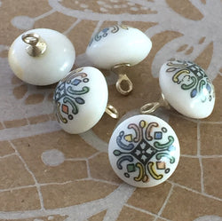 Tiny White Vintage Glass Button with Intricate Geometric Print  #GL386
