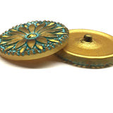 Turquoise & Gold Tiffany Sunflower Large Czech Glass Button 1-1/4" 31mm  #CZ 132