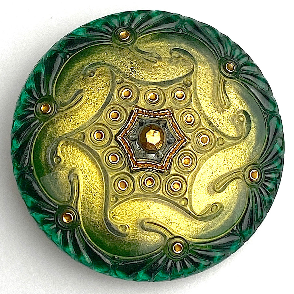 Forest/Gold Czech Glass Button 1-5/8