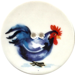 Blue-Black Rooster Chicken Large Porcelain Button 1-1/2"