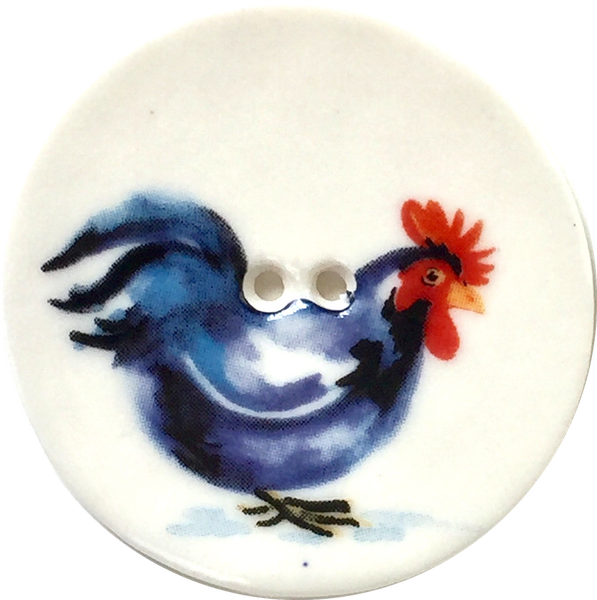 Blue-Black Rooster Chicken Large Porcelain Button 1-1/2"